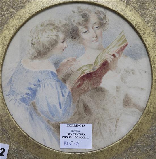 19th century English School, watercolour, Young woman reading a book, tondo, 19 x 19cm